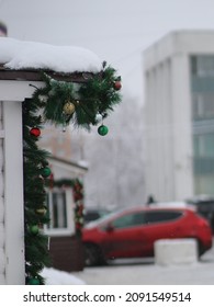 Decorated With Christmas Garland Corner Of The House