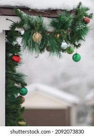 Decorated With Christmas Garland Corner Of The House