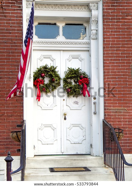 Decorated Christmas Holidays Door Entries Old Stock Photo