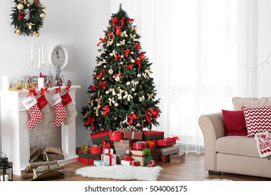 Decorated Christmas Room With Beautiful Fir Tree