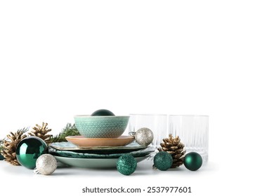 Decorated Christmas table setting on white background - Powered by Shutterstock