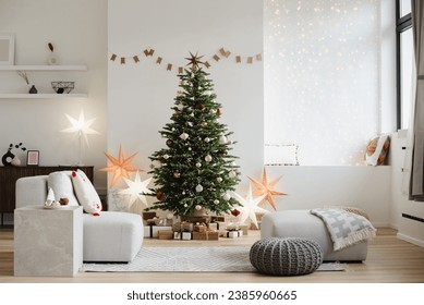 Decorated Christmas tree with decorations, gifts and lights at home