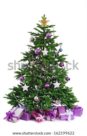 decorated  Christmas tree  with gifts isolated on white background