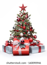 Decorated Christmas Tree And Gifts On White Background