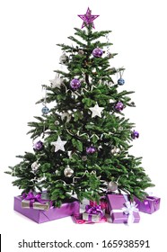 decorated Christmas tree with gifts on white background