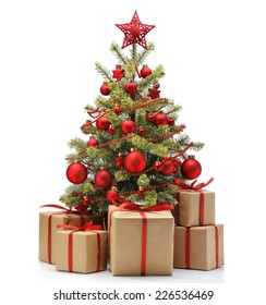 Decorated Christmas Tree And Gifts On White Background