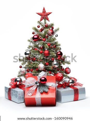 Decorated Christmas tree and gifts on white background
