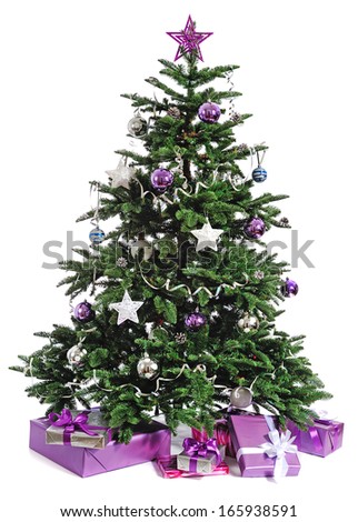 decorated Christmas tree with gifts on white background