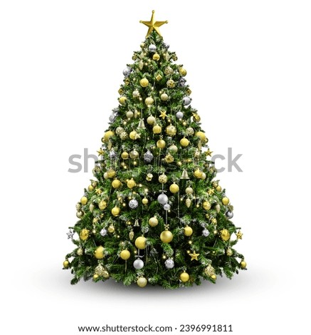 Decorated Christmas tree with golden baubles for new year isolated on white background