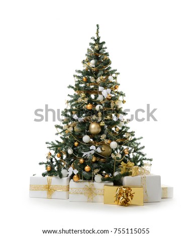 Decorated Christmas tree with golden patchwork ornament artificial gold balls and big gift presents for new year 2018 isolated on white background
