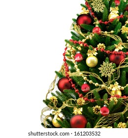 Decorated Christmas Tree On White Background, Card Template