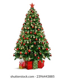 Decorated Christmas tree with presents for new year isolated on white background