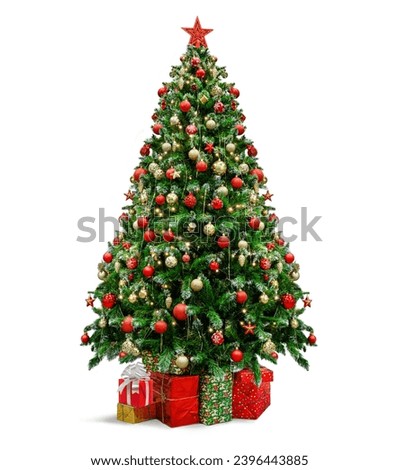 Decorated Christmas tree with presents for new year isolated on white background