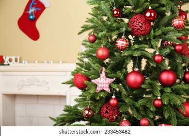 Decorated Christmas Tree In Room Closeup