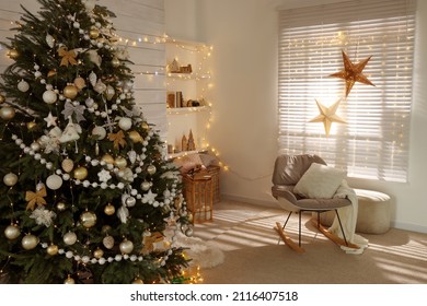 Decorated Christmas Tree In Stylish Living Room Interior