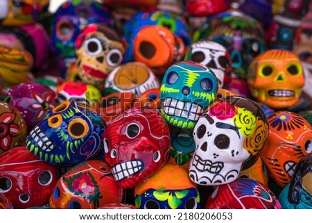  Decorated colorful skulls at market, day of dead, Mexico