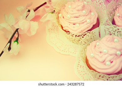 Decorated Cupcakes With Spring Flowers.