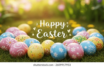 Decorated easter eggs surrounding a happy easter message