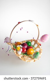 Decorated Eastern eggs in a basket.