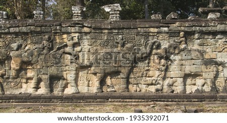Façade decorated with elephants and their riders, Terrace of the Elephants, Angkor Thom, Siem Reap, Cambodia, UNESCO World Heritage Site