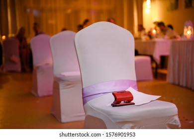 Decorated Empty Chairs At Wedding Party. Dancefloor.