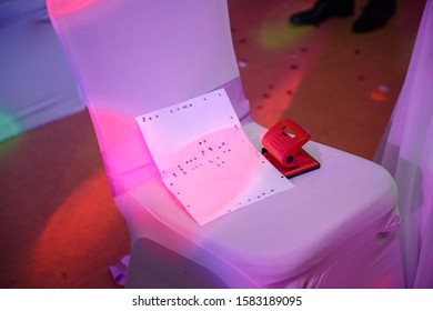 Decorated Empty Chairs At Wedding Party. Dancefloor.