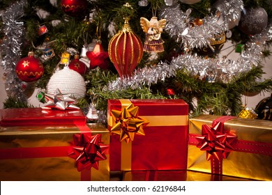 Decorated Gift Boxes Under The Christmas Tree