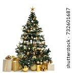 Decorated gold Christmas tree with golder patchwork ornament artificial star hearts presents for new year 2018 isolated on white background