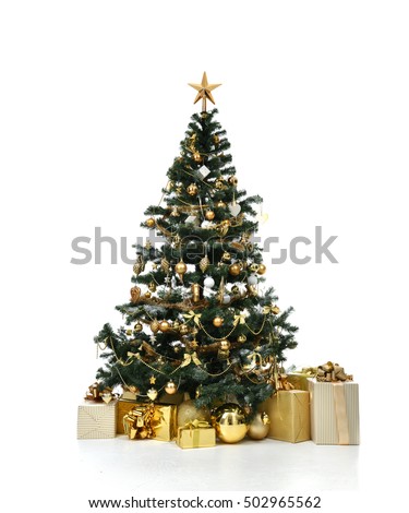 Decorated gold Christmas tree with golder patchwork ornament artificial star hearts presents for new year isolated on white background