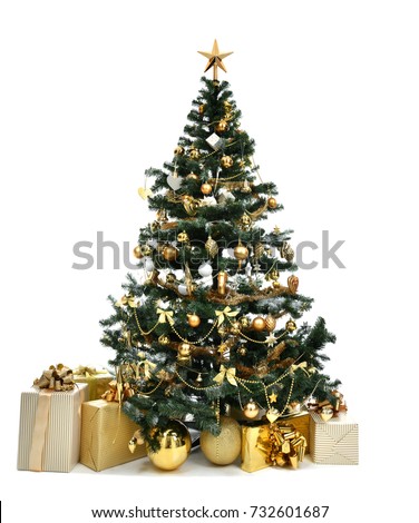 Decorated gold Christmas tree with golder patchwork ornament artificial star hearts presents for new year 2018 isolated on white background