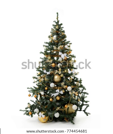 Decorated gold Christmas tree with golder patchwork ornament artificial star hearts balls bells presents for new year isolated on white background