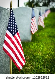 Decorated Graves Of US Military Service Members At A Virginia Cemetery.