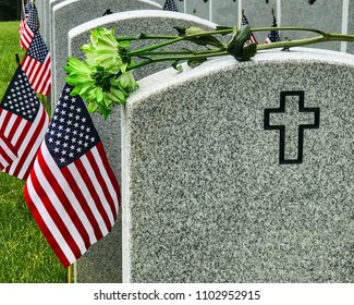 Decorated Graves Of US Military Service Members At A Virginia Cemetery.