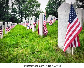 Decorated Graves Of US Military Service Members At A Virginia Cemetery.