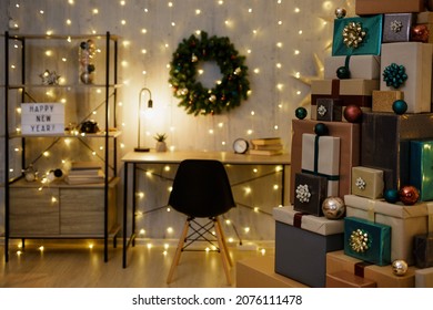 Decorated Home Office With Heap Of Gifts, Led Lights And Christmas Decorations