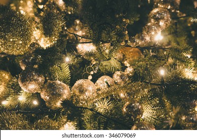 Decorated And Illuminated Christmas Tree, Vintage Toning