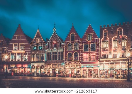 Decorated and illuminated Market square in Bruges, Belgium