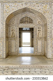 Decorated Marble Wall And Door At Agra Fort Palace