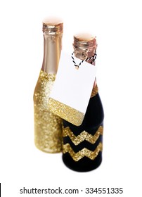 Decorated Mini Champagne Bottle With Sticker Isolated