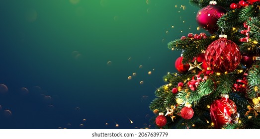 Decorated With Ornaments And Lights Christmas Tree On Dark Green Background. Merry Christmas And Happy Holidays Greeting Card, Frame, Banner. New Year. Noel. Winter Holiday Theme. 
