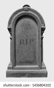 Decorated, oval granite tombstone on white background with engraved R.I.P. lettering 