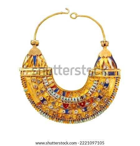 Decorated pharaons broad collar jewelry from ancient Egypt isolated on white background, front view picture