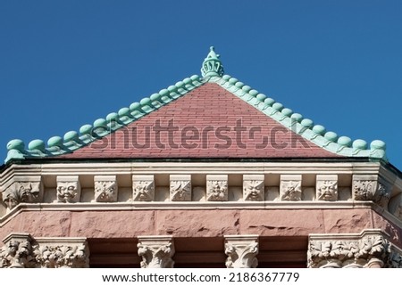 decorated roof of Romanesque revival building Woburn MA USA