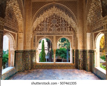 Decorated room  inside Nasrid Palace in the complex of the Alhambra, Granada, Spain