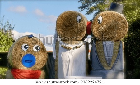 Decorated straw bales as a traditional symbol for an upcoming marriage. Vogelsberg, Hessen, Germany.                              