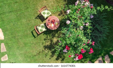 Decorated Table With Cheeses, Strawberry And Wine In Beautiful Rose Garden, Aerial Top View Of Romantic Date Table Food Setting For Two From Above
