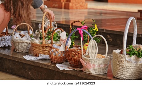 Decorated Traditional Polish Easter Baskets Prepared for Blessing on Holy Saturday Church Service