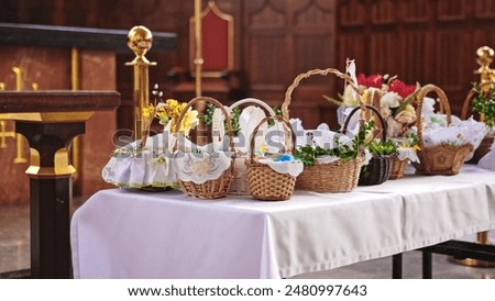 Decorated Traditional Polish Easter Baskets Prepared for Blessing during Holy Saturday Catholic Church Service