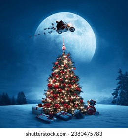 Decorated tree and contemporary Santa Claus flying in the sky riding a motorbike, Christmas background - Powered by Shutterstock