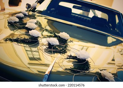 Decorated wedding limousine in retro style
